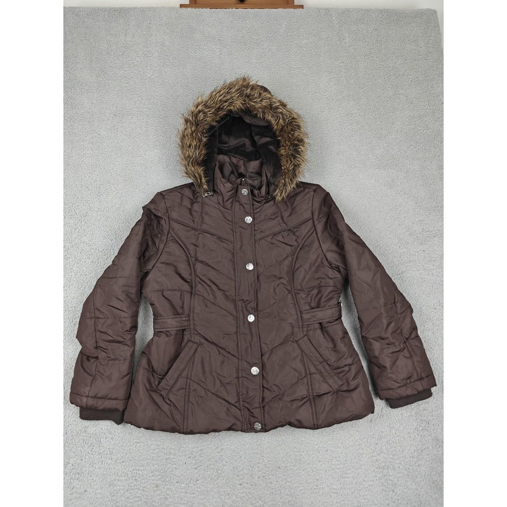 Weather Tamer Puffer Jacket Womens XL Brown Hooded Faux Fur Belted‎ Quilted Warm